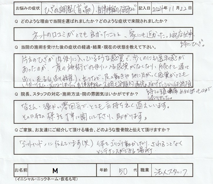 Mさんアンケート用紙