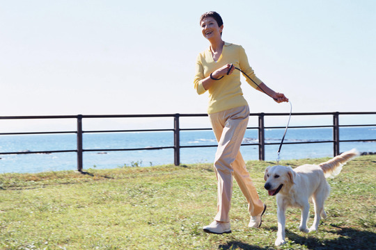 犬と散歩する女性