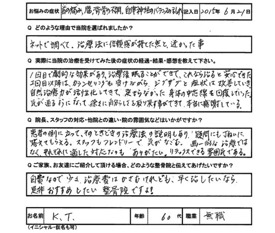 K・Tさんアンケート用紙