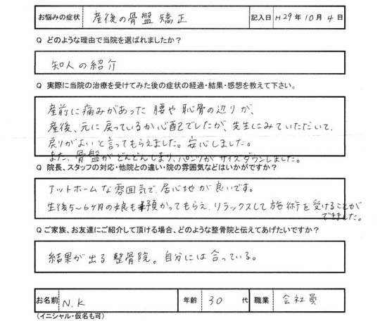 N・Kさんのアンケート用紙